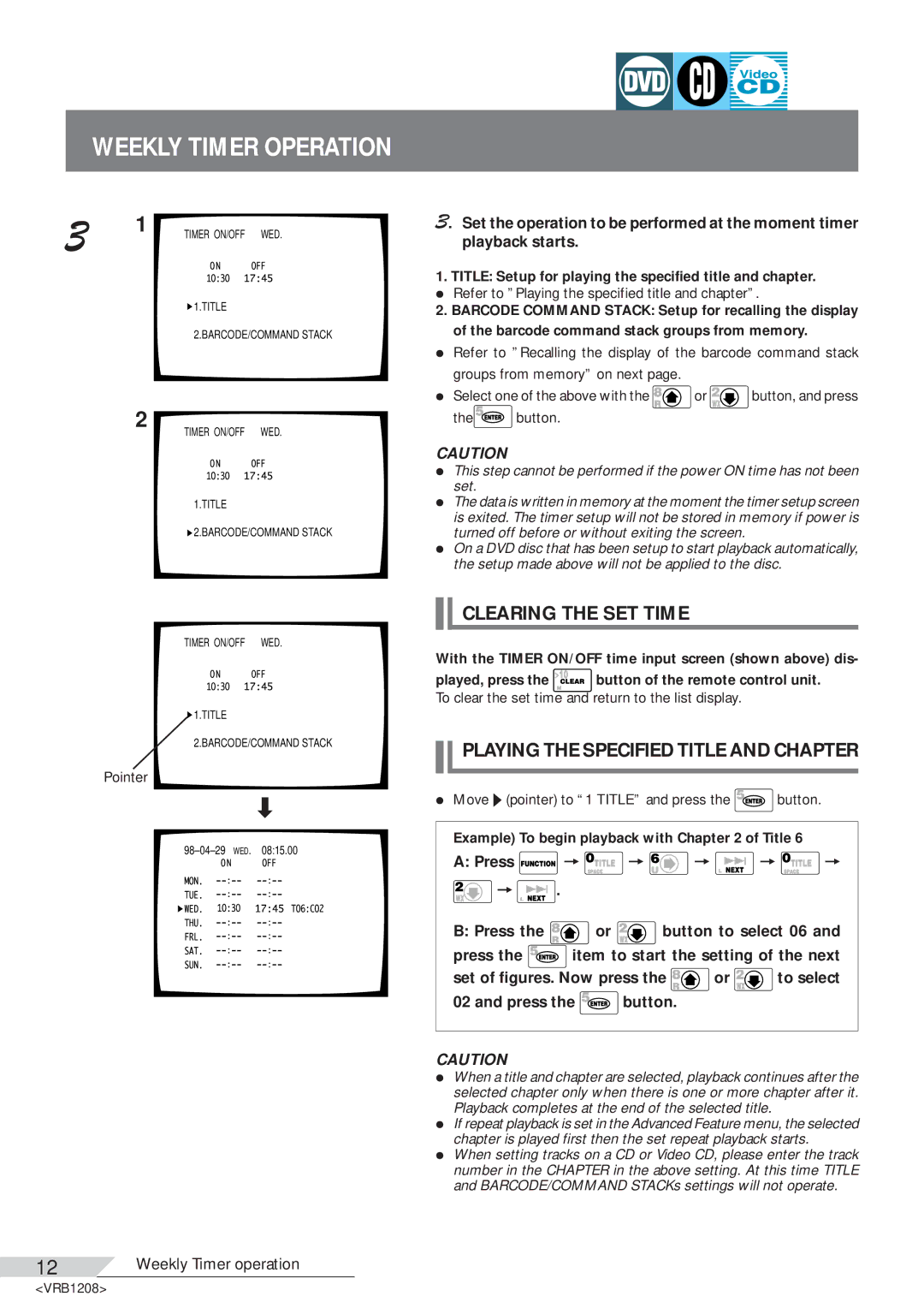 Pioneer DVD-V7200 Weekly Timer Operation, Clearing the SET Time, Playing the Specified Title and Chapter 