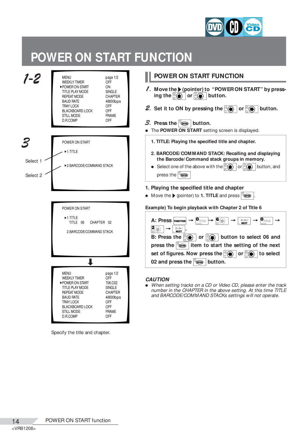 Pioneer DVD-V7200 operating instructions Power on Start Function, Playing the specified title and chapter 