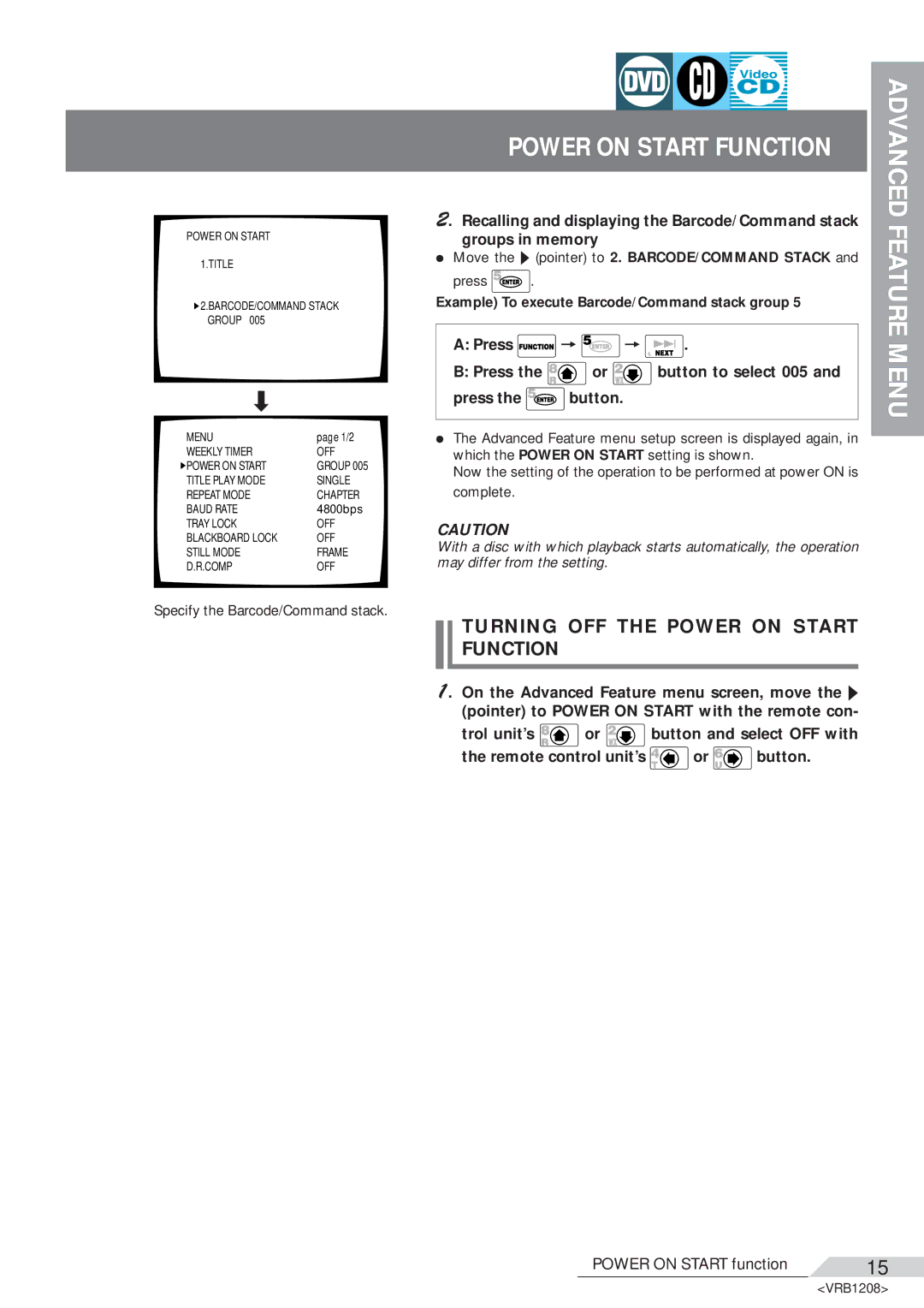 Pioneer DVD-V7200 operating instructions Turning OFF the Power on Start Function, Specify the Barcode/Command stack 