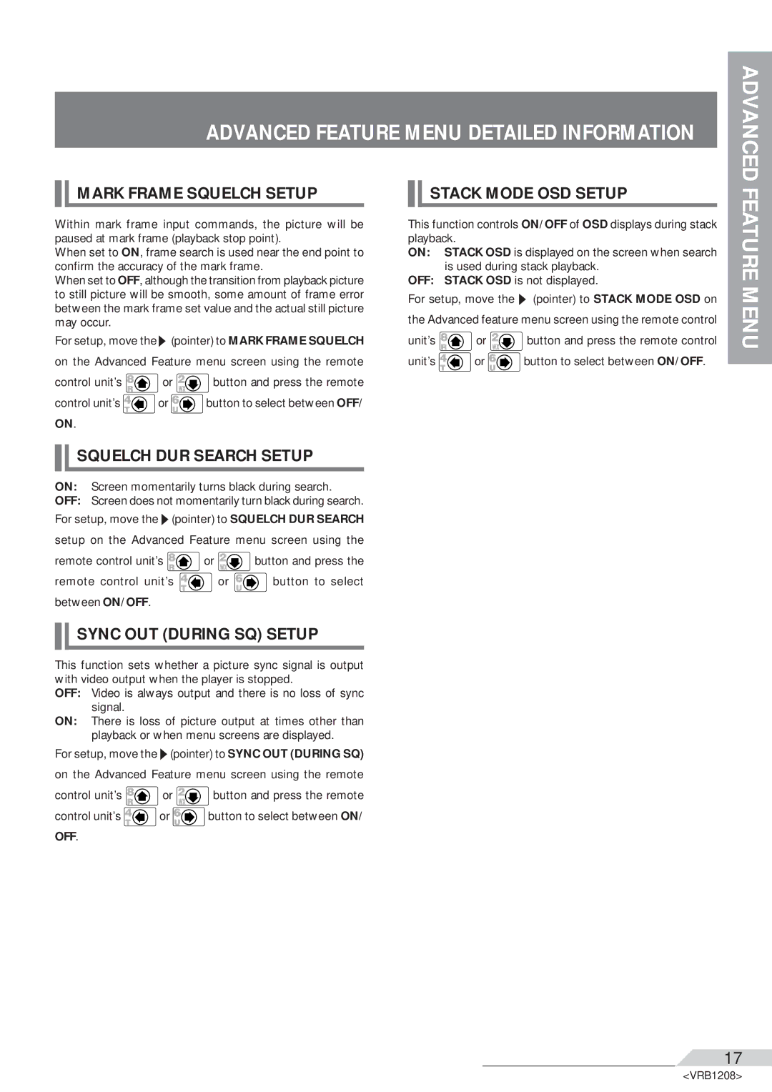 Pioneer DVD-V7200 Advanced Feature Menu Detailed Information, Mark Frame Squelch Setup, Squelch DUR Search Setup 