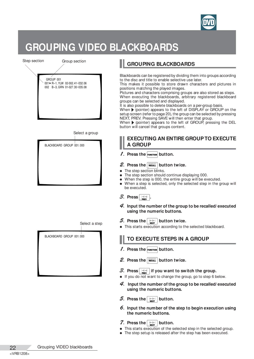Pioneer DVD-V7200 Grouping Video Blackboards, Grouping Blackboards, Executing AN Entire Group to Execute a Group 