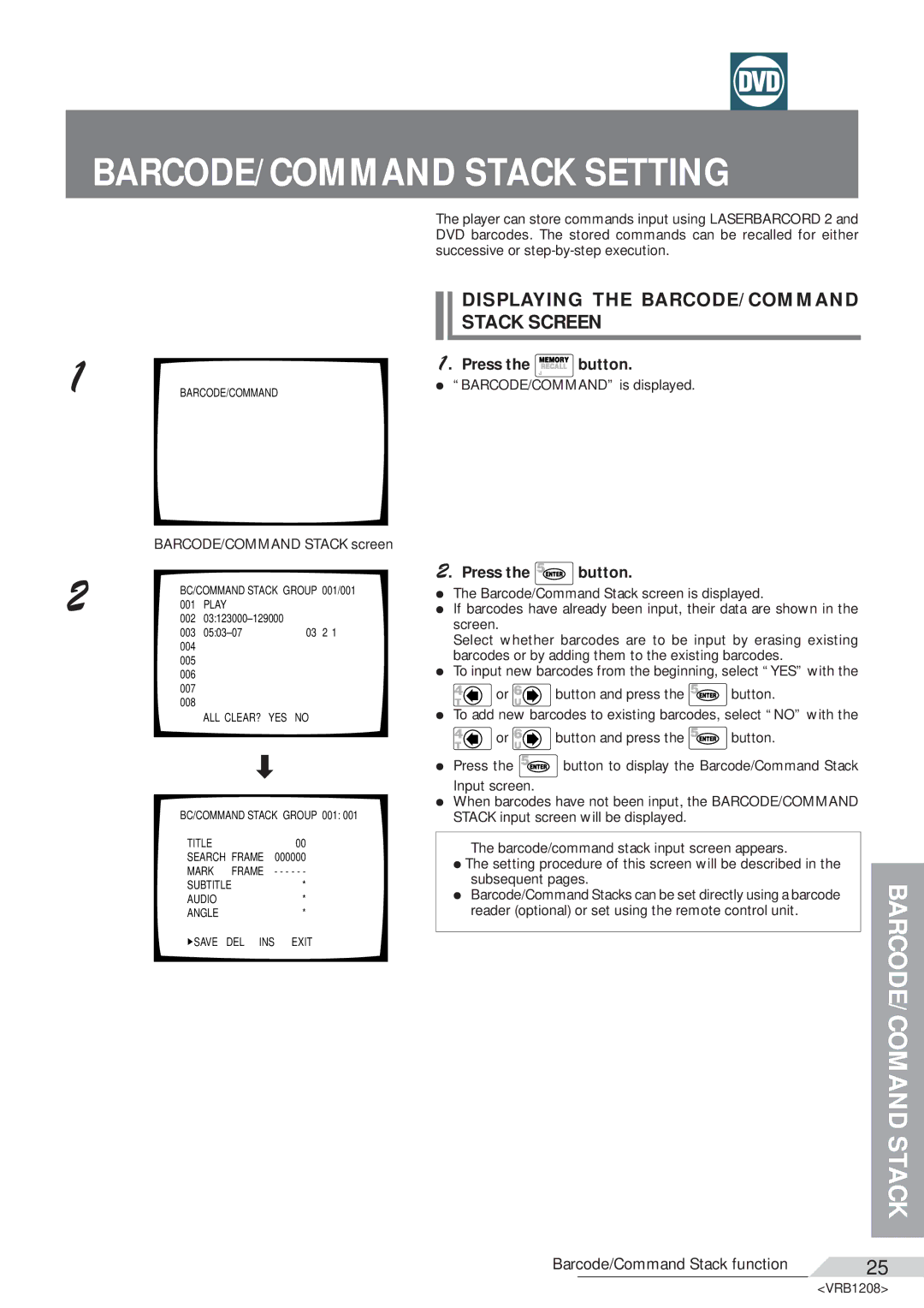 Pioneer DVD-V7200 BARCODE/COMMAND Stack Setting, Displaying the BARCODE/COMMAND Stack Screen, BARCODE/COMMAND Stack screen 