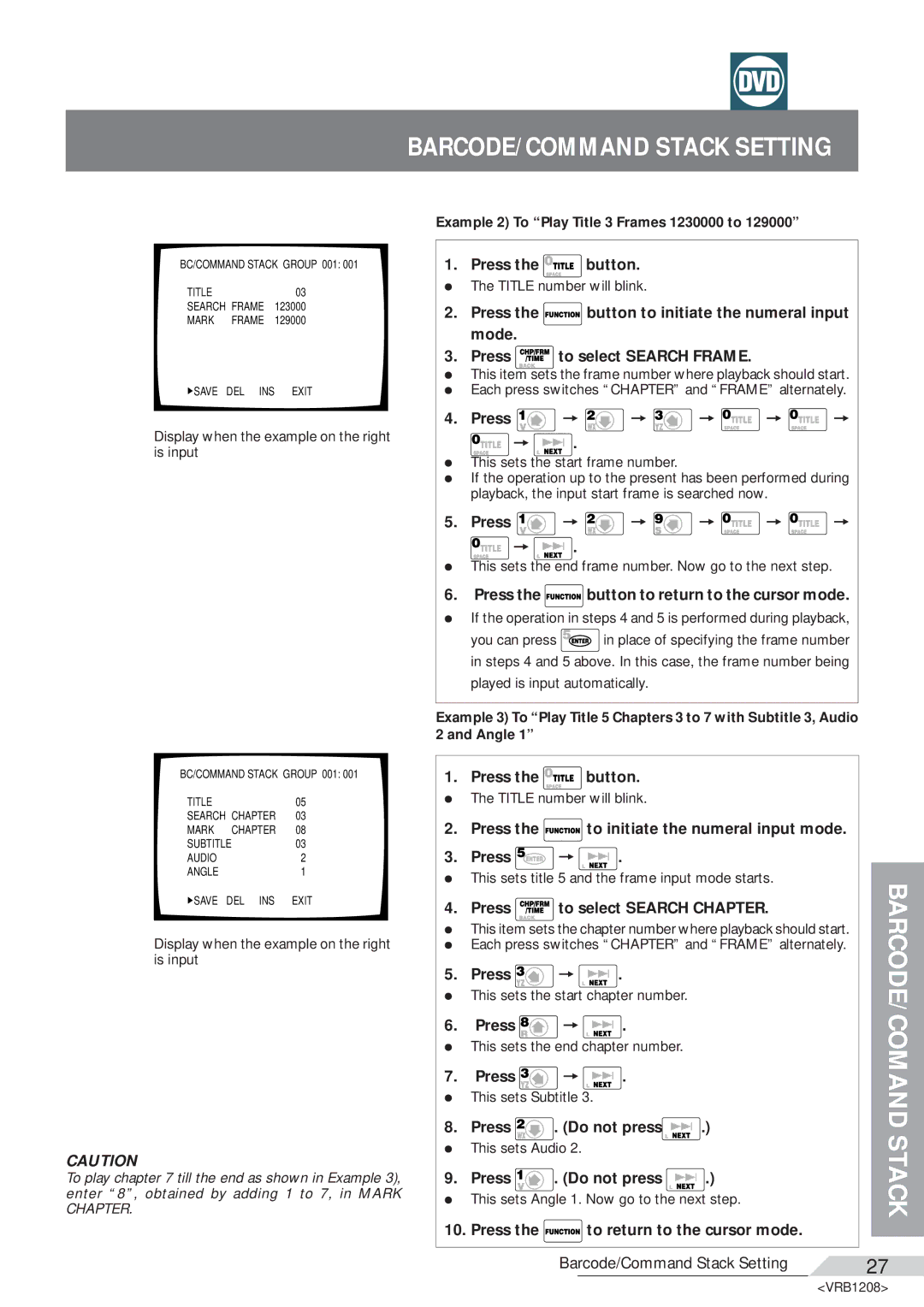 Pioneer DVD-V7200 operating instructions BARCODE/COMMAND Stack Setting 