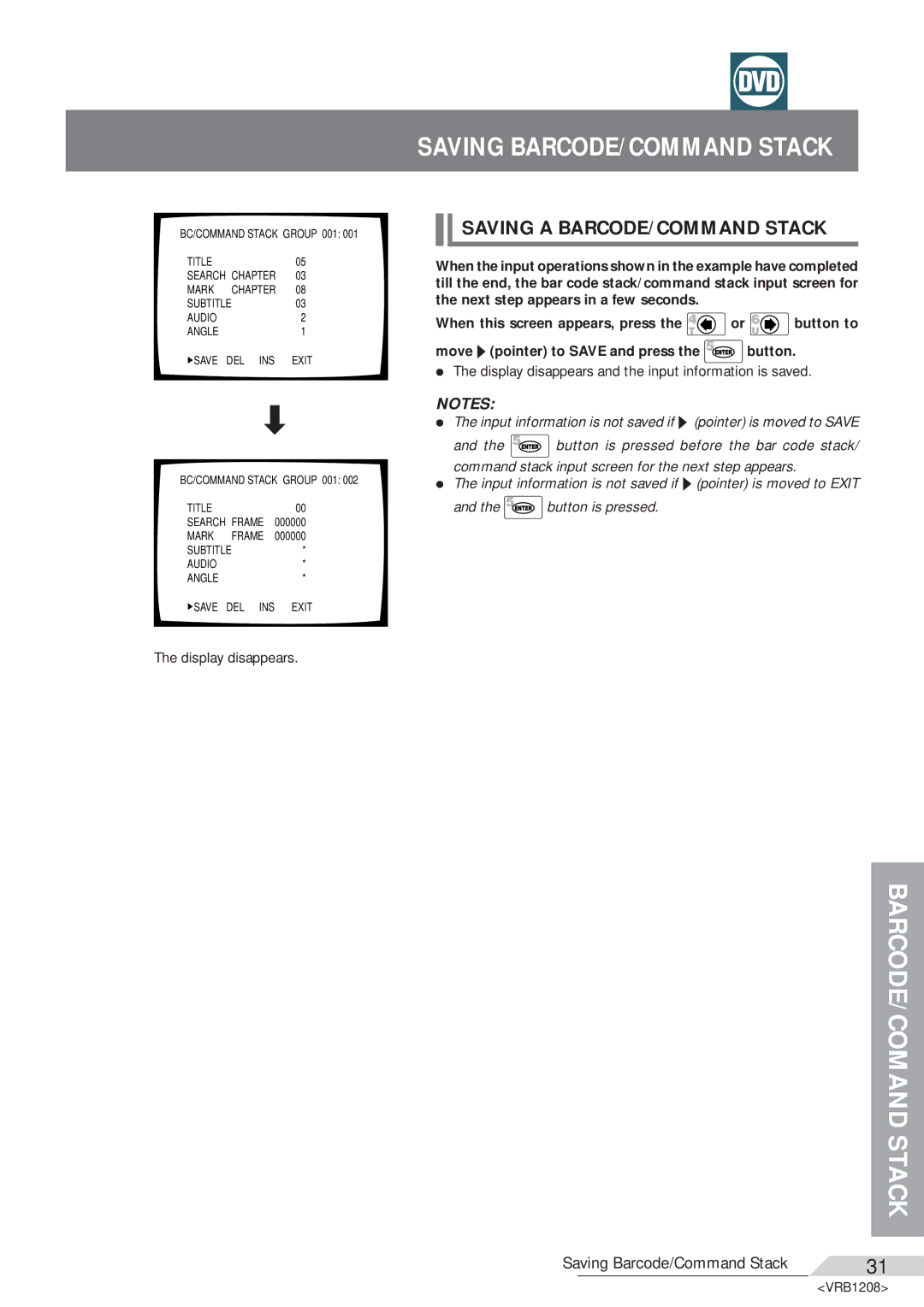 Pioneer DVD-V7200 operating instructions Saving BARCODE/COMMAND Stack, Saving a BARCODE/COMMAND Stack, Display disappears 