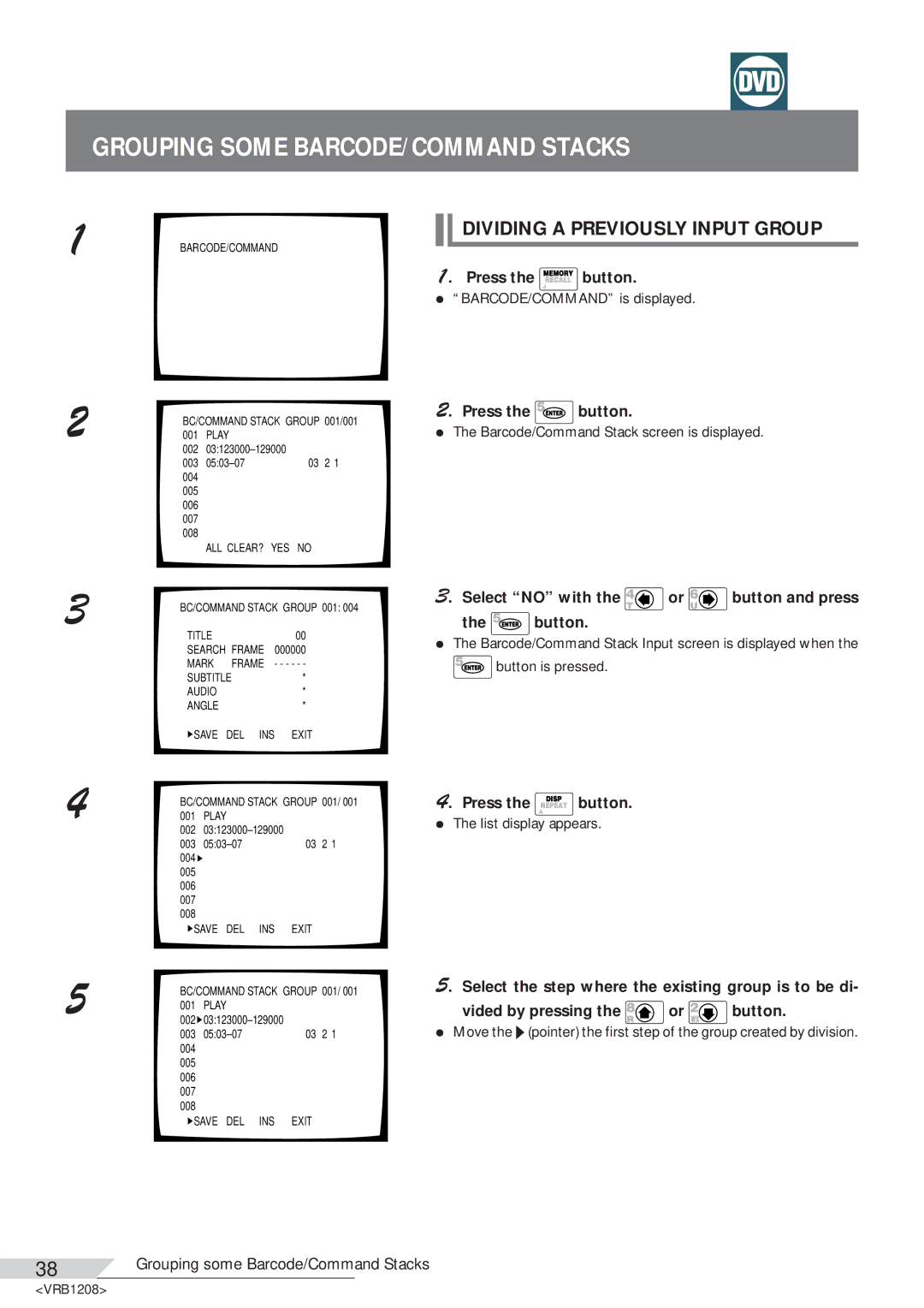 Pioneer DVD-V7200 operating instructions Dividing a Previously Input Group 