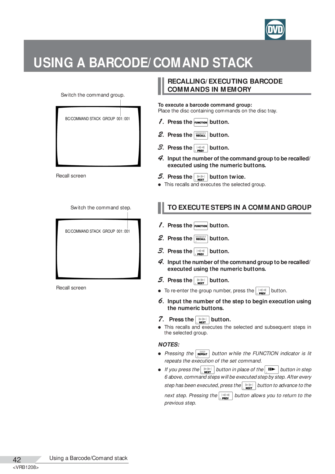 Pioneer DVD-V7200 operating instructions Using a BARCODE/COMAND Stack, RECALLING/EXECUTING Barcode Commands in Memory 