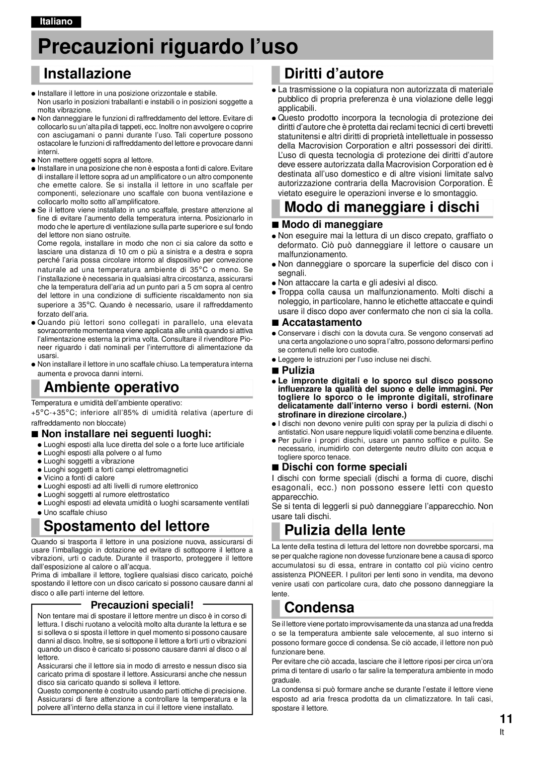 Pioneer DVD-V7300D manual Precauzioni riguardo l’uso 