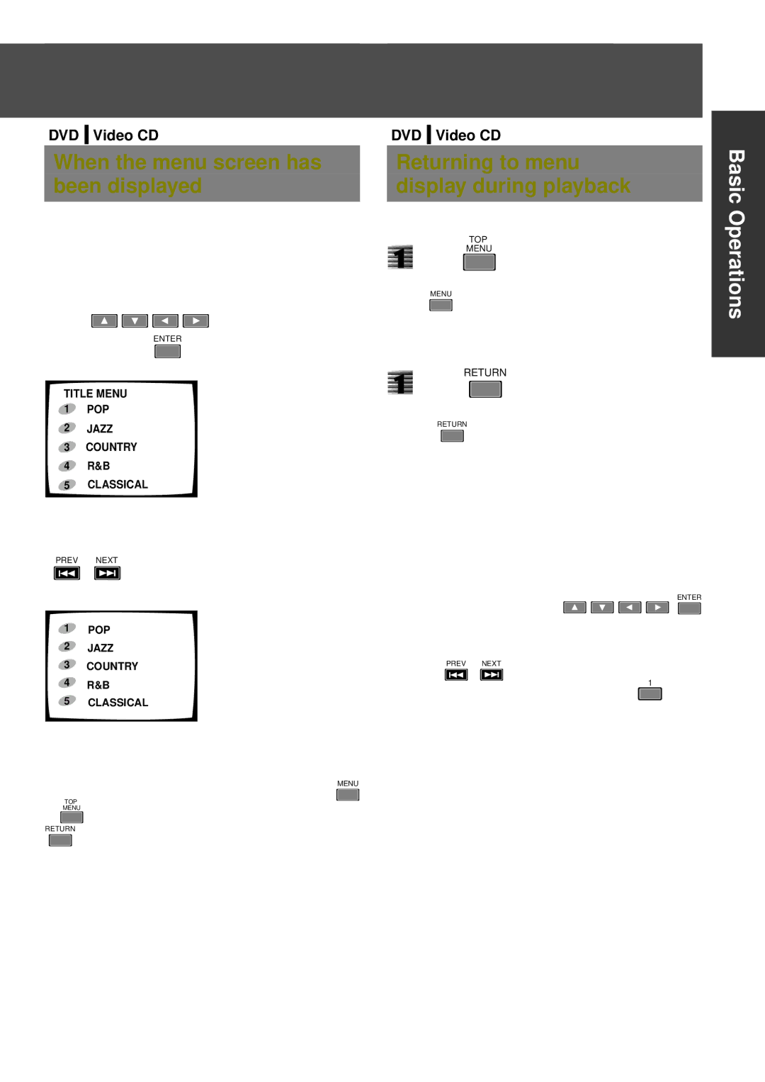Pioneer DVD-V7300D manual When the menu screen has been displayed, Basic Operations, Press Menu, Press Return 