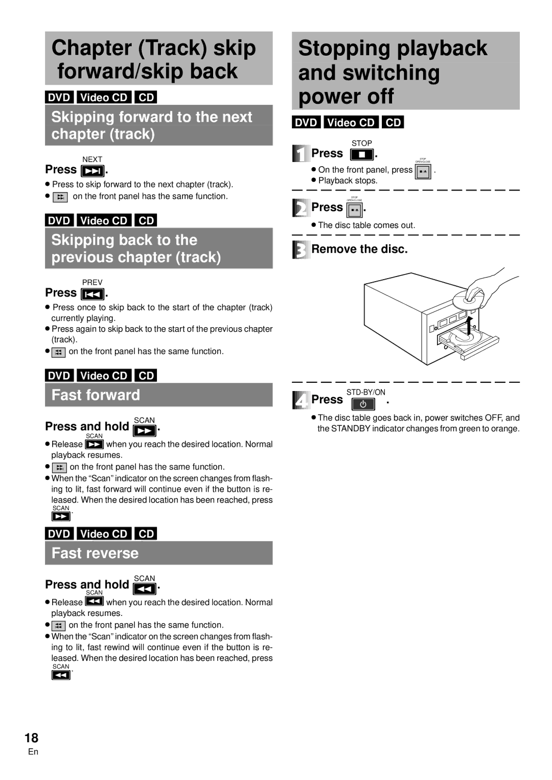 Pioneer DVD-V7300D manual Chapter Track skip Forward/skip back, Stopping playback 