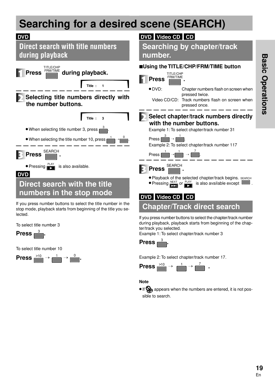 Pioneer DVD-V7300D manual Searching for a desired scene Search, Direct search with title numbers During playback 