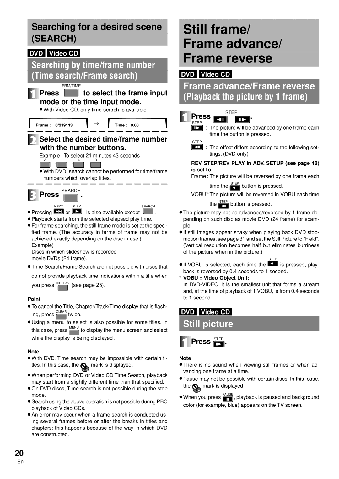 Pioneer DVD-V7300D manual Still frame Frame advance Frame reverse, Searching for a desired scene, Time search/Frame search 