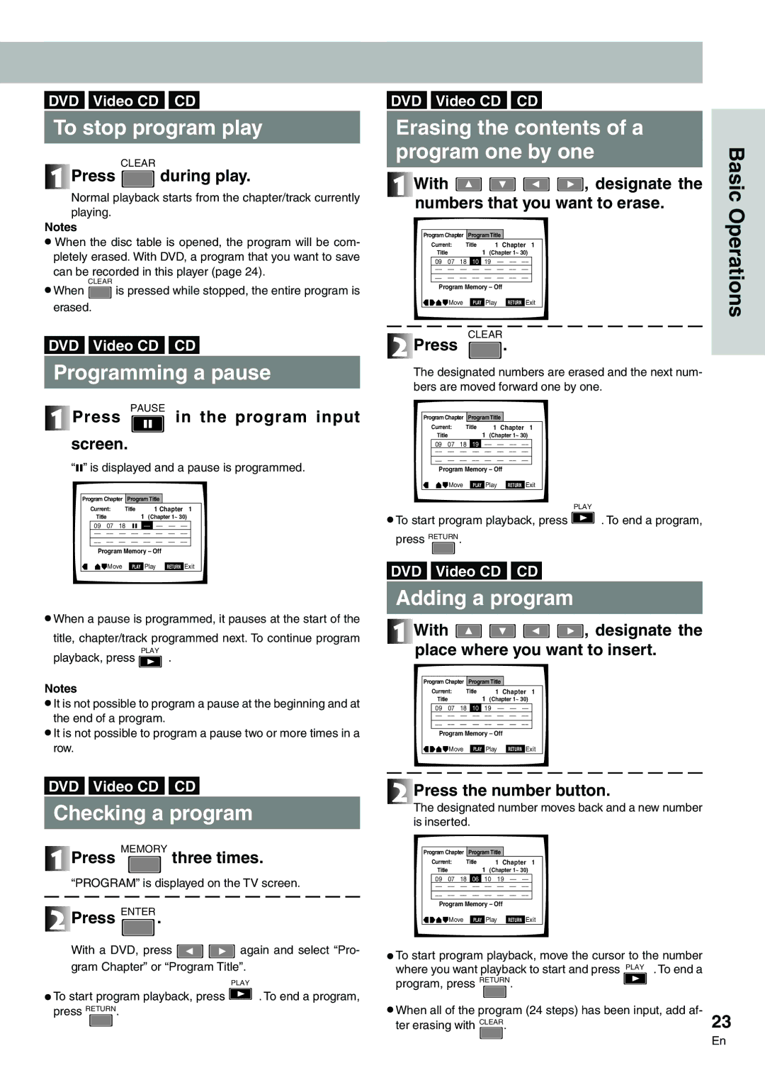 Pioneer DVD-V7300D manual To stop program play, Programming a pause, Erasing the contents of a Program one by one 