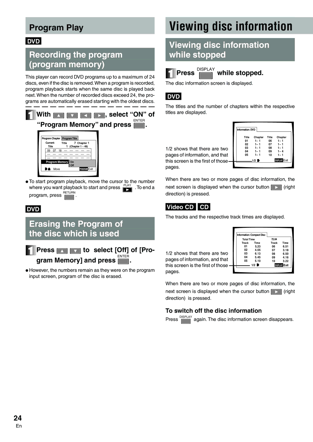 Pioneer DVD-V7300D manual Program Play, Erasing the Program Disc which is used, Viewing disc information While stopped 