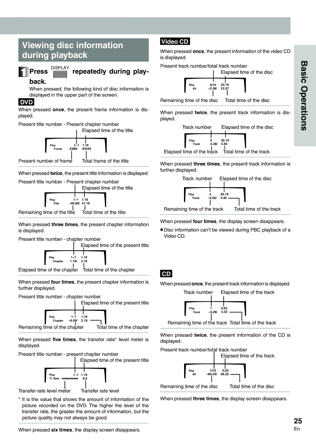 Pioneer DVD-V7300D manual Viewing disc information During playback, Press Display repeatedly during play- back 