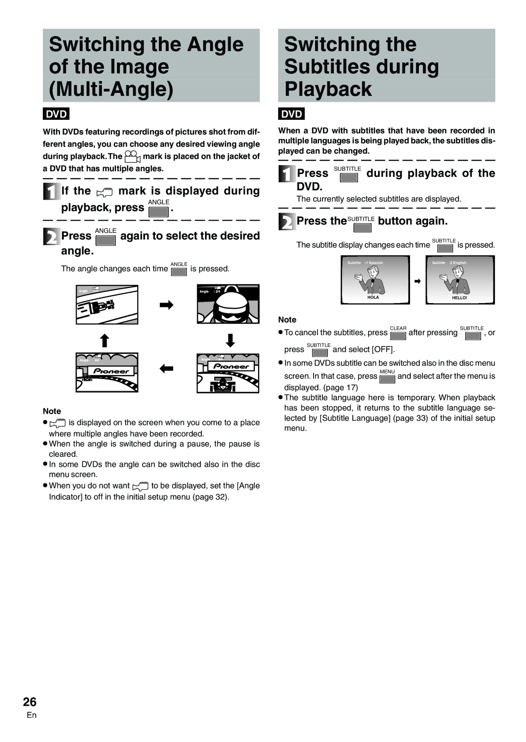 Pioneer DVD-V7300D manual Switching the Angle Image Multi-Angle, Switching Subtitles during Playback 