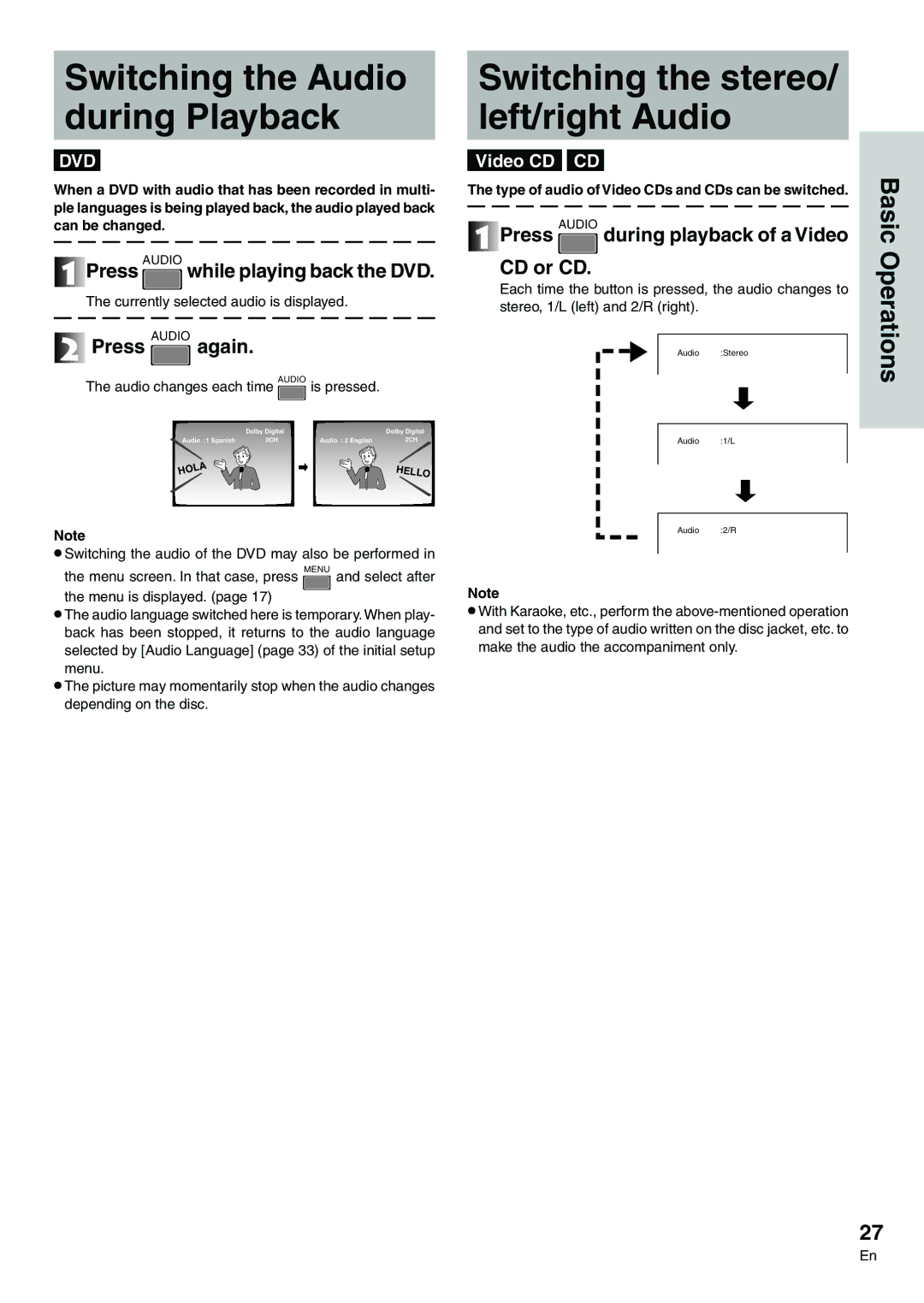 Pioneer DVD-V7300D manual Switching the Audio During Playback, Switching the stereo Left/right Audio 