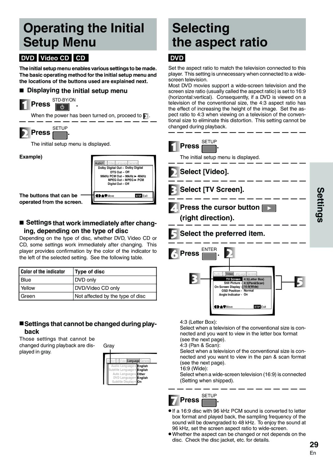 Pioneer DVD-V7300D manual Operating the Initial Setup Menu, Selecting Aspect ratio, Select Video 