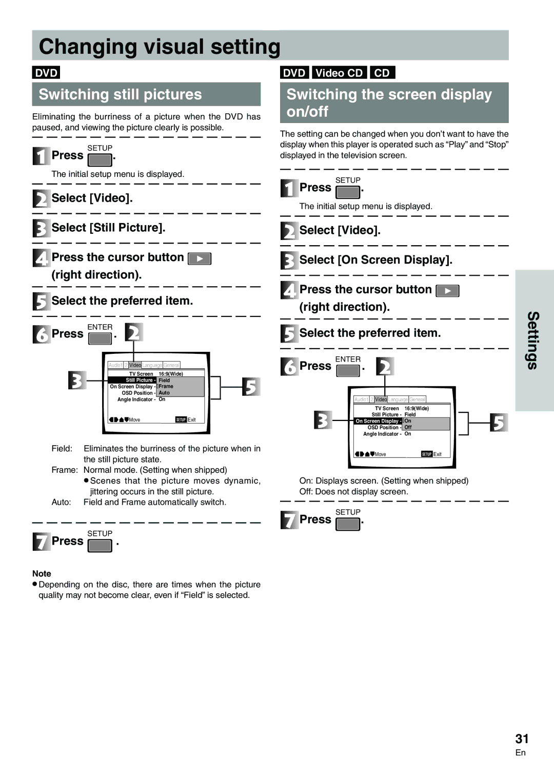 Pioneer DVD-V7300D manual Changing visual settings, Switching still pictures, Switching the screen display on/off 