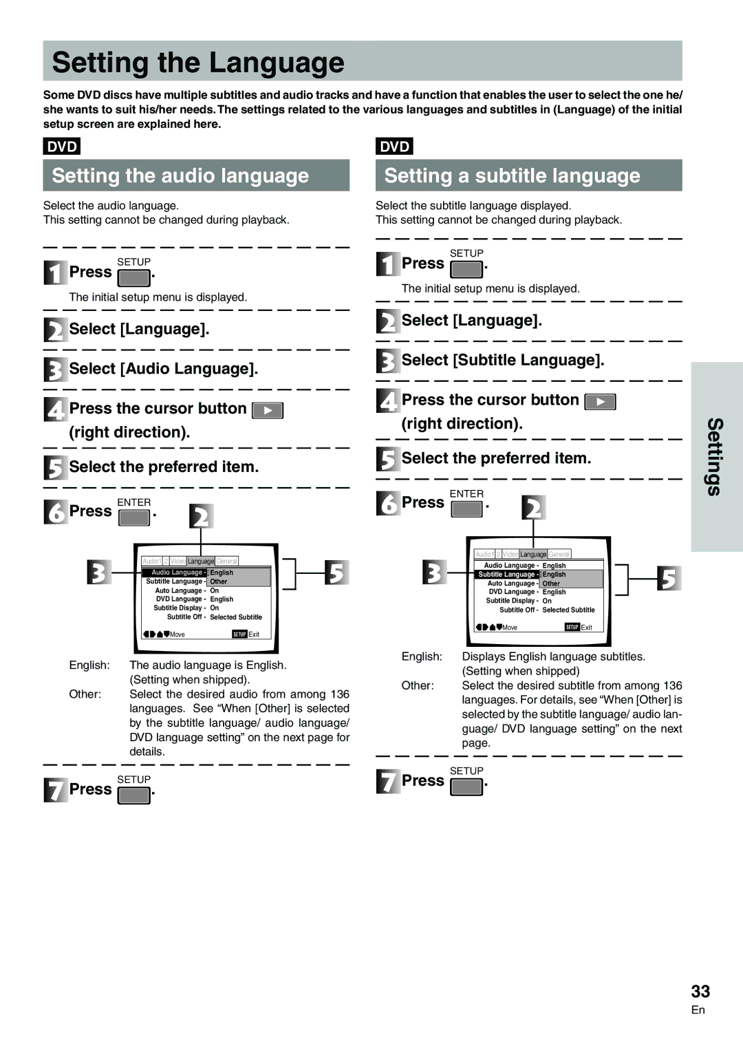 Pioneer DVD-V7300D manual Setting the Language, Setting the audio language, Setting a subtitle language, Details 