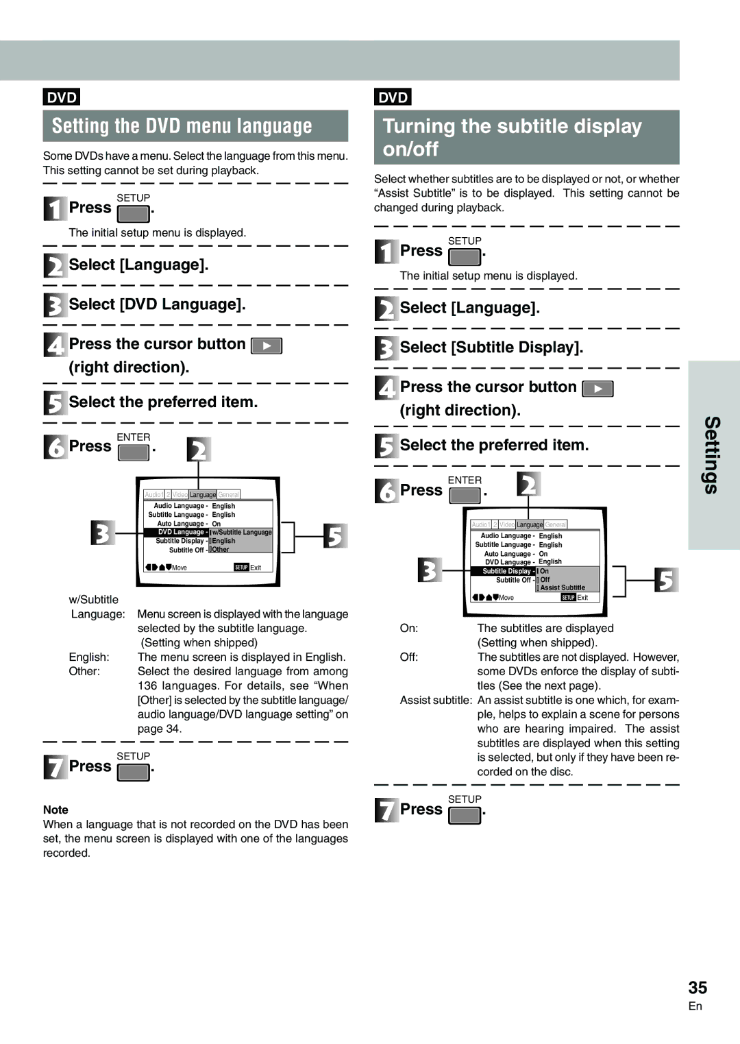 Pioneer DVD-V7300D manual Setting the DVD menu language, Turning the subtitle display on/off 