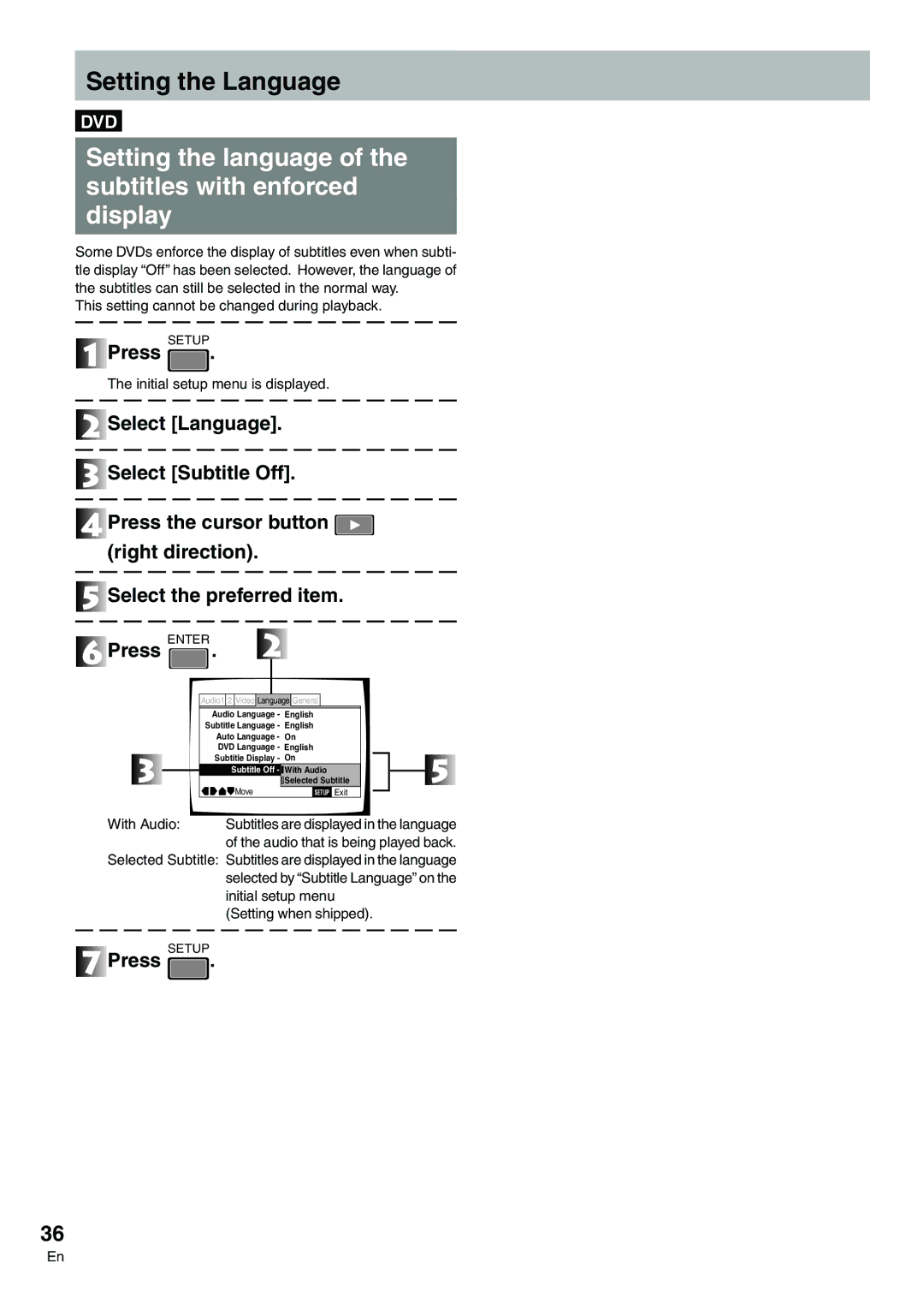 Pioneer DVD-V7300D manual Setting the language of the subtitles with enforced Display, With Audio 