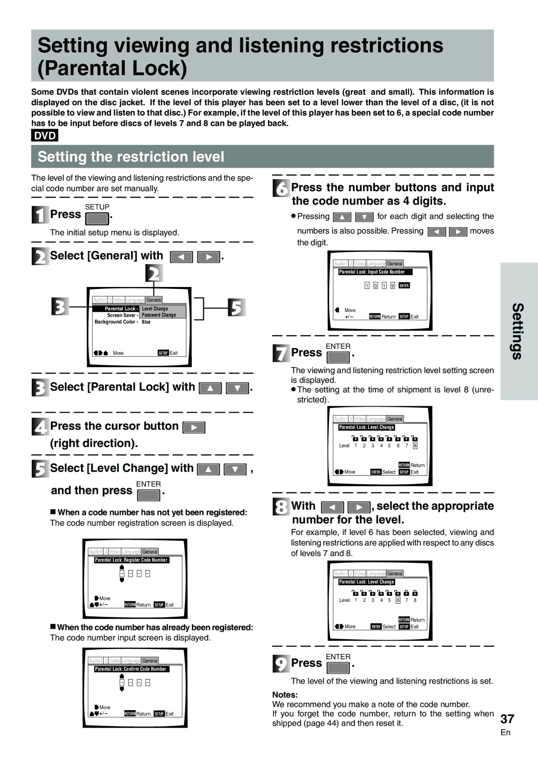 Pioneer DVD-V7300D manual Setting viewing and listening restrictions Parental Lock, Setting the restriction level 