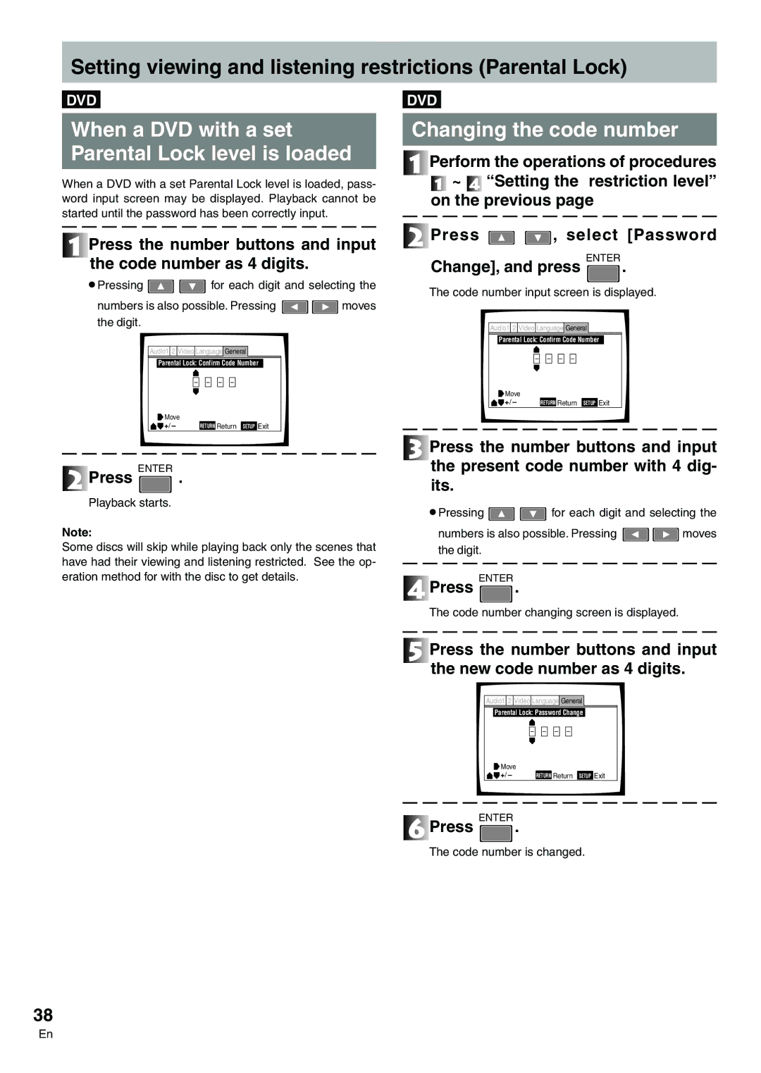 Pioneer DVD-V7300D manual Setting viewing and listening restrictions Parental Lock, Changing the code number 