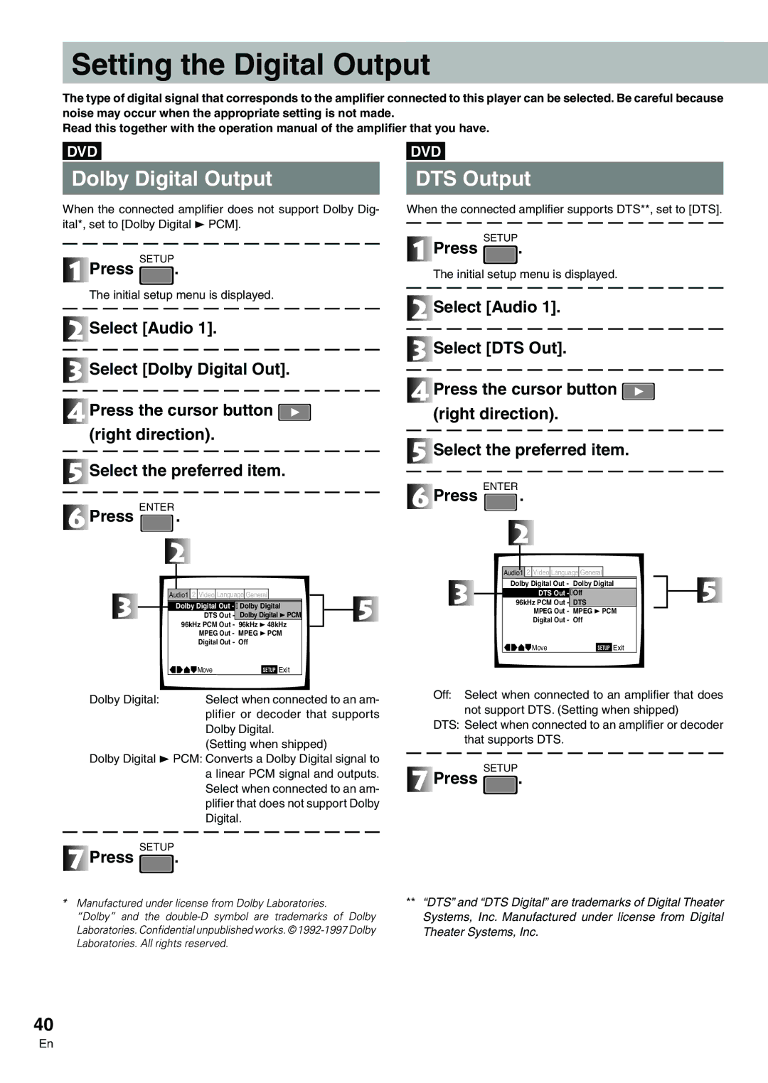 Pioneer DVD-V7300D manual Setting the Digital Output, Dolby Digital Output, DTS Output 