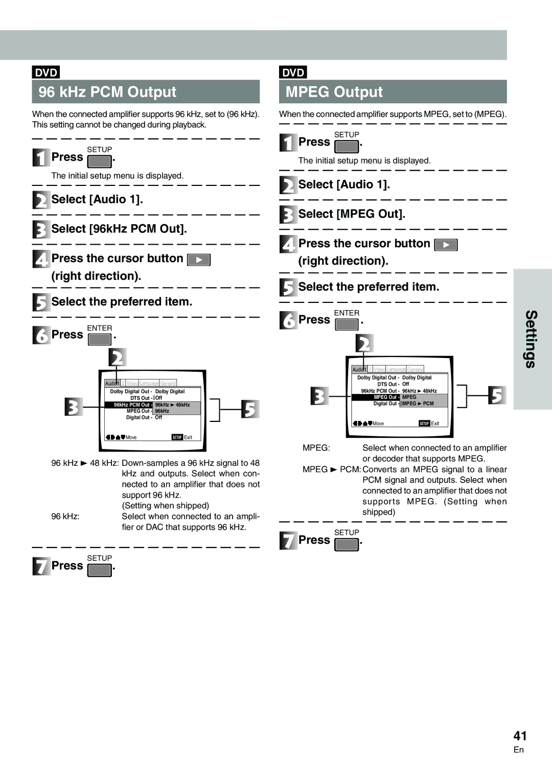 Pioneer DVD-V7300D manual KHz PCM Output, Mpeg Output, When the connected amplifier supports MPEG, set to Mpeg 