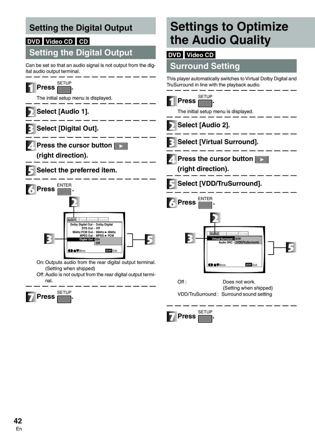 Pioneer DVD-V7300D Settings to Optimize Audio Quality, Setting the Digital Output, Surround Setting, Off Does not work 