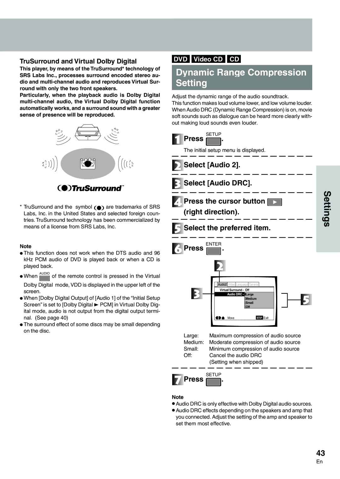 Pioneer DVD-V7300D manual Dynamic Range Compression Setting, TruSurround and Virtual Dolby Digital 