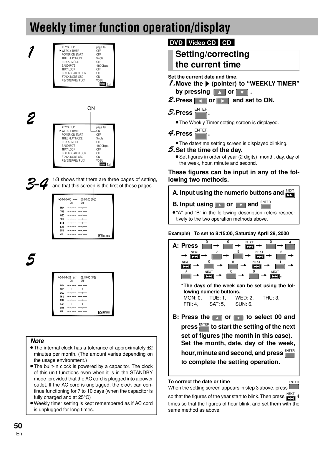 Pioneer DVD-V7300D Weekly timer function operation/display, Setting/correcting the current time, Set the time of the day 