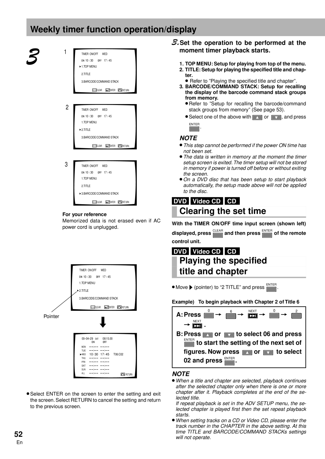 Pioneer DVD-V7300D Weekly timer function operation/display, Clearing the set time, Playing the specified title and chapter 