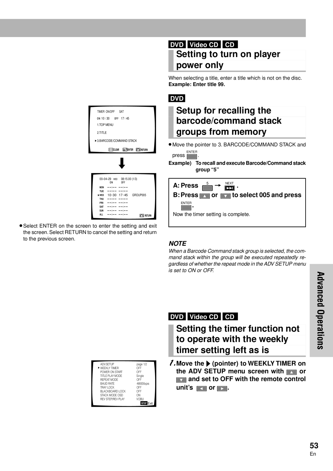 Pioneer DVD-V7300D Setting to turn on player Power only, Groups from memory, Setup for recalling the barcode/command stack 