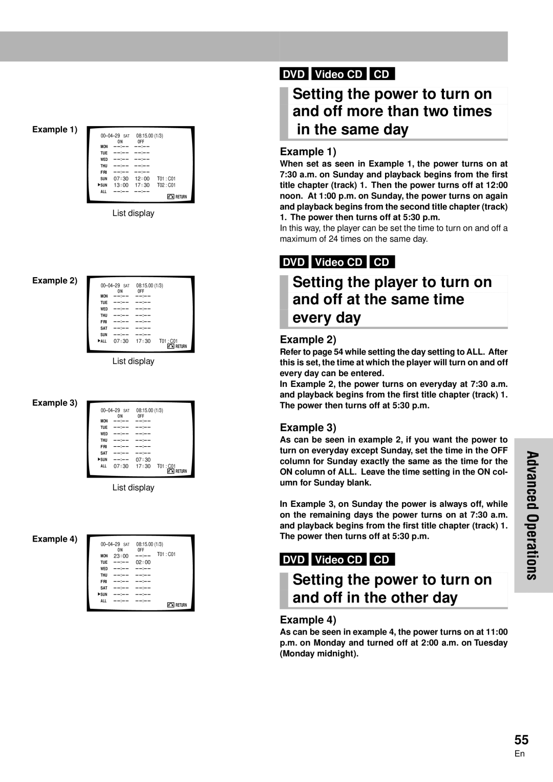 Pioneer DVD-V7300D manual Same day, Setting the power to turn on Off in the other day, Example 