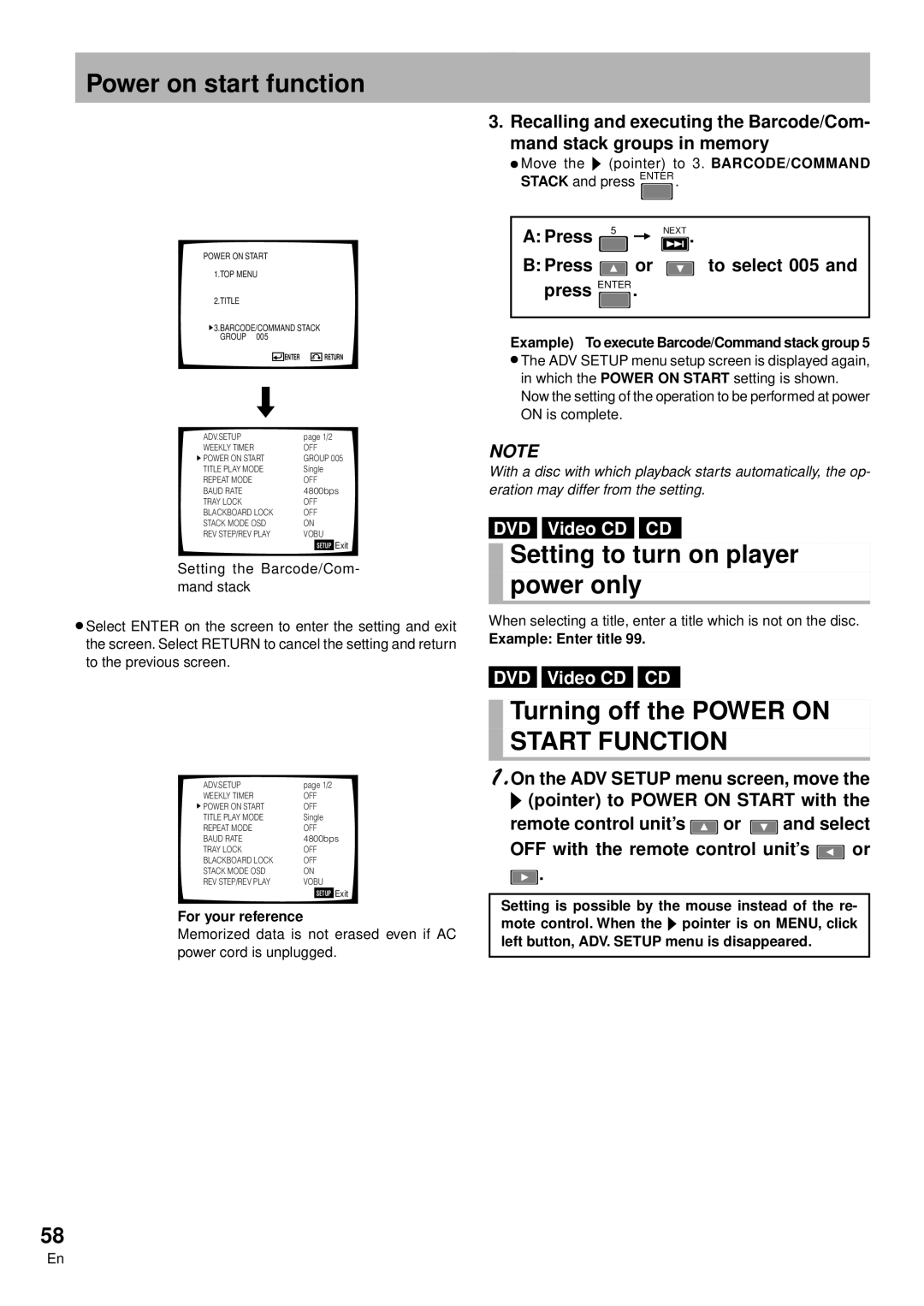 Pioneer DVD-V7300D manual Power on start function, Turning off the Power on, Example To execute Barcode/Command stack group 