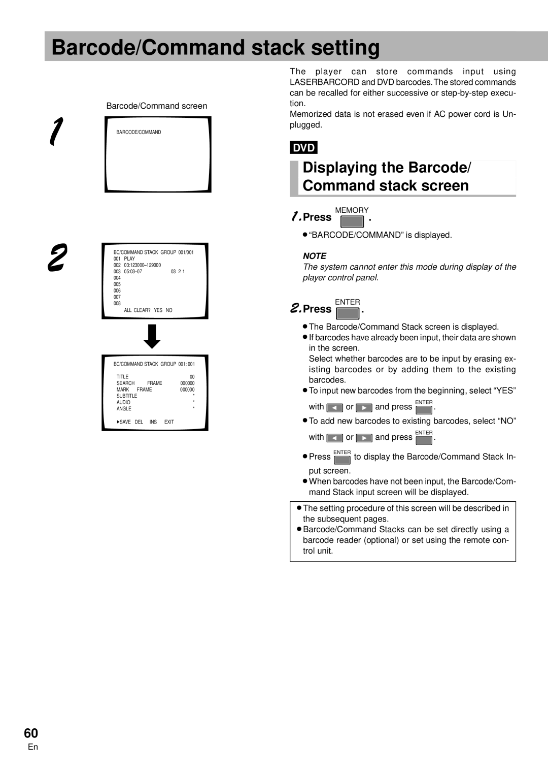 Pioneer DVD-V7300D Barcode/Command stack setting, Displaying the Barcode Command stack screen, Barcode/Command screen 