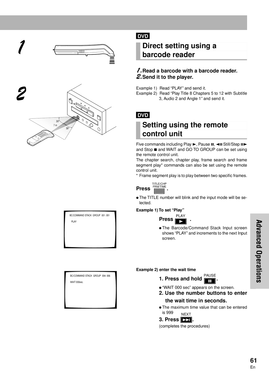 Pioneer DVD-V7300D manual Direct setting using a barcode reader, Setting using the remote Control unit, Press and hold 