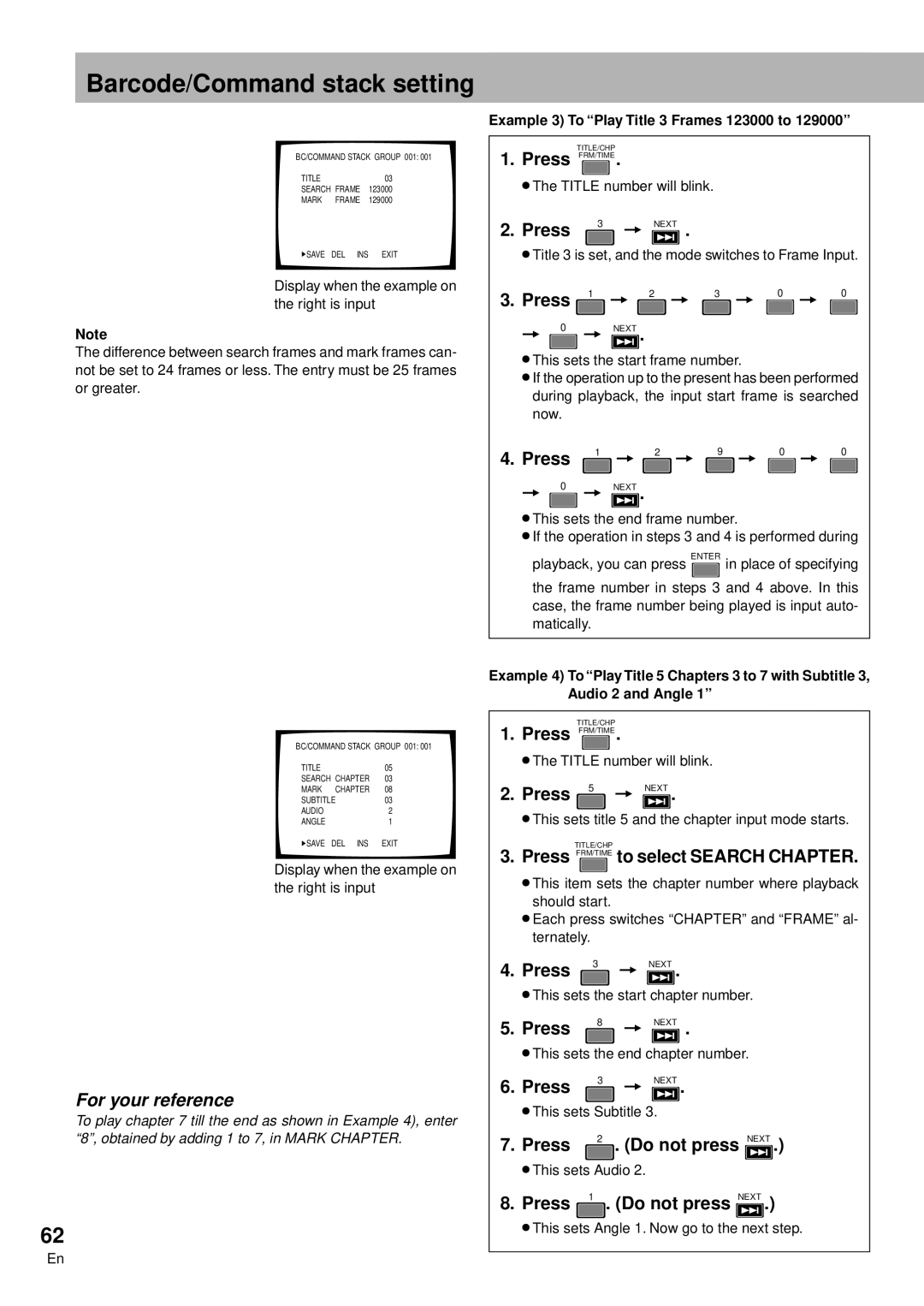 Pioneer DVD-V7300D manual Barcode/Command stack setting 