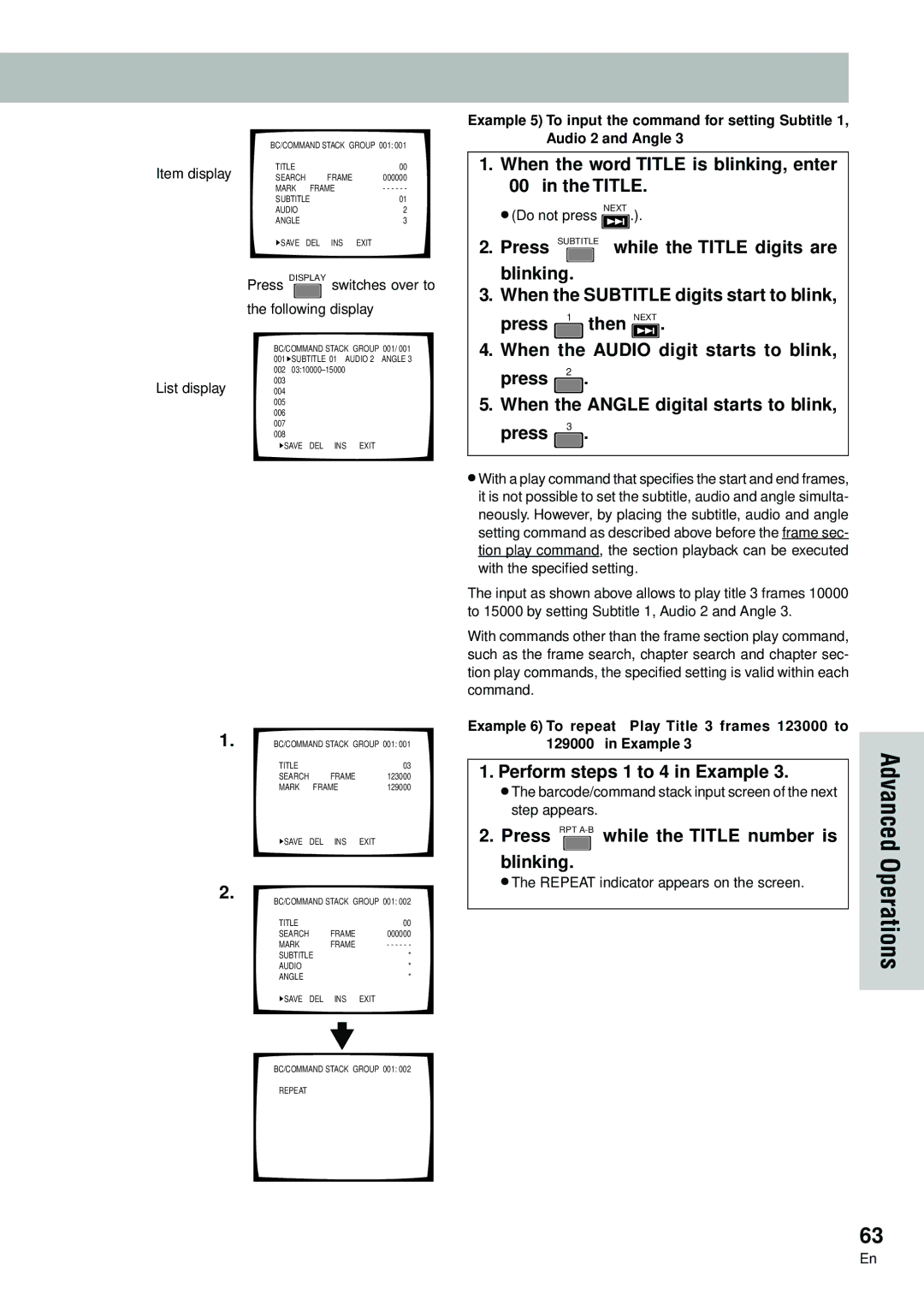 Pioneer DVD-V7300D manual When the word Title is blinking, enter 00 in the Title, Perform steps 1 to 4 in Example 