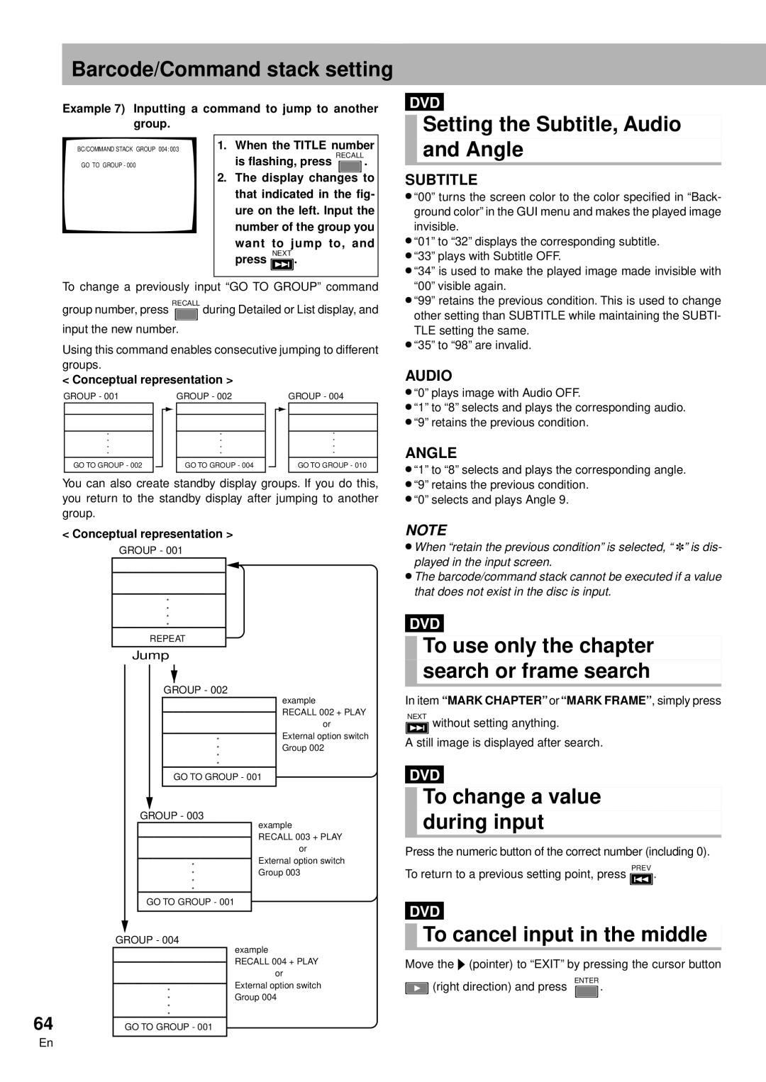 Pioneer DVD-V7300D Barcode/Command stack setting, Setting the Subtitle, Audio, Angle, To change a value, During input 