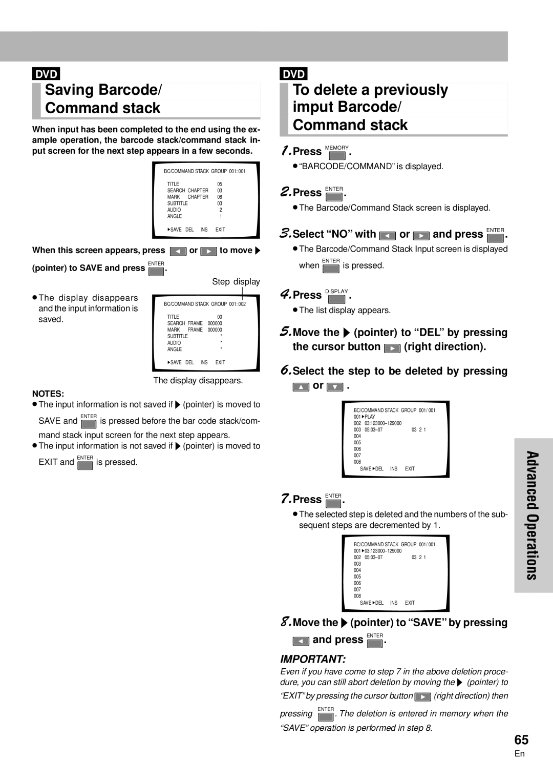 Pioneer DVD-V7300D manual Saving Barcode Command stack, To delete a previously, Imput Barcode/ Command stack, Press Memory 