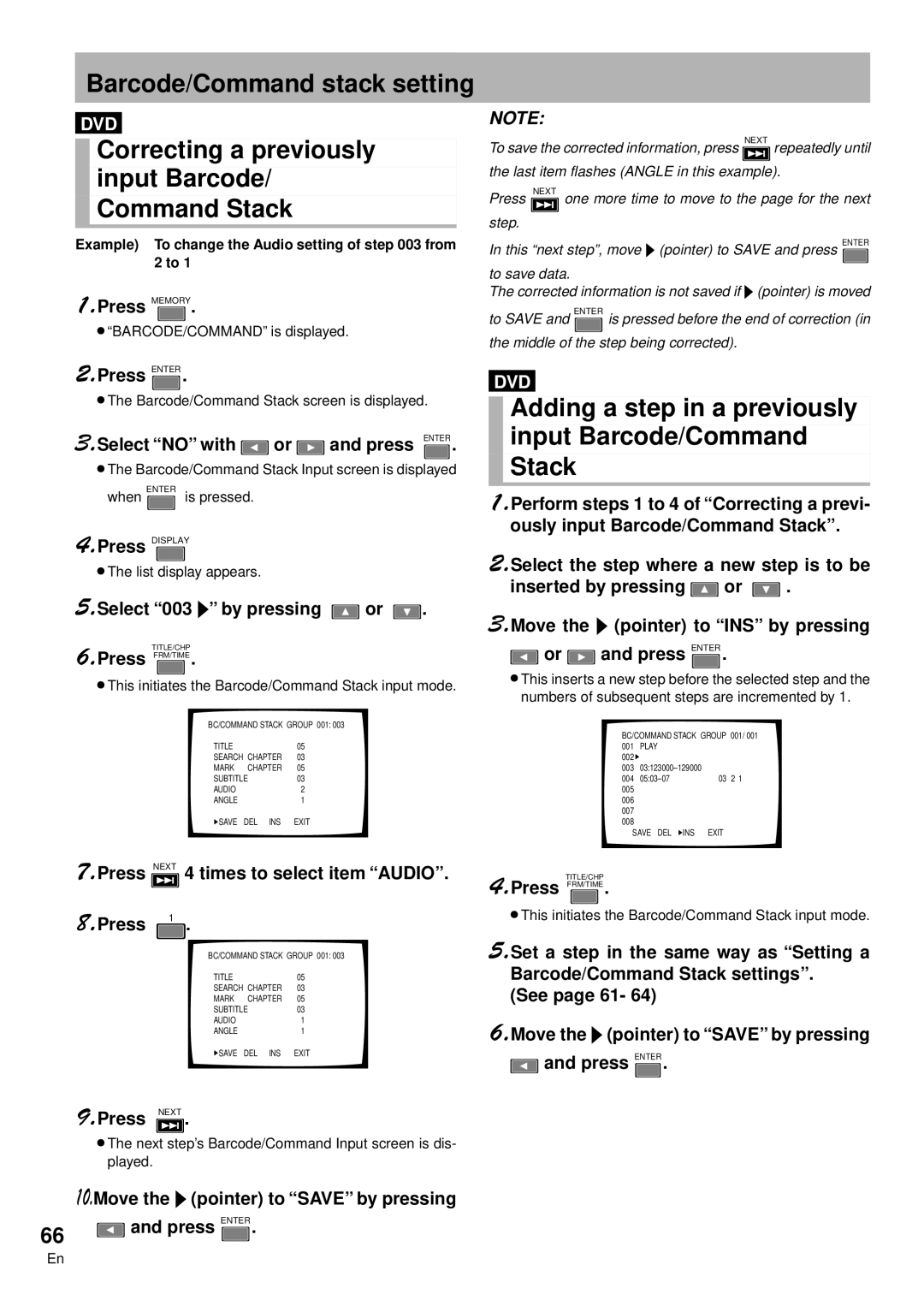 Pioneer DVD-V7300D manual Correcting a previously, Adding a step in a previously input Barcode/Command Stack 