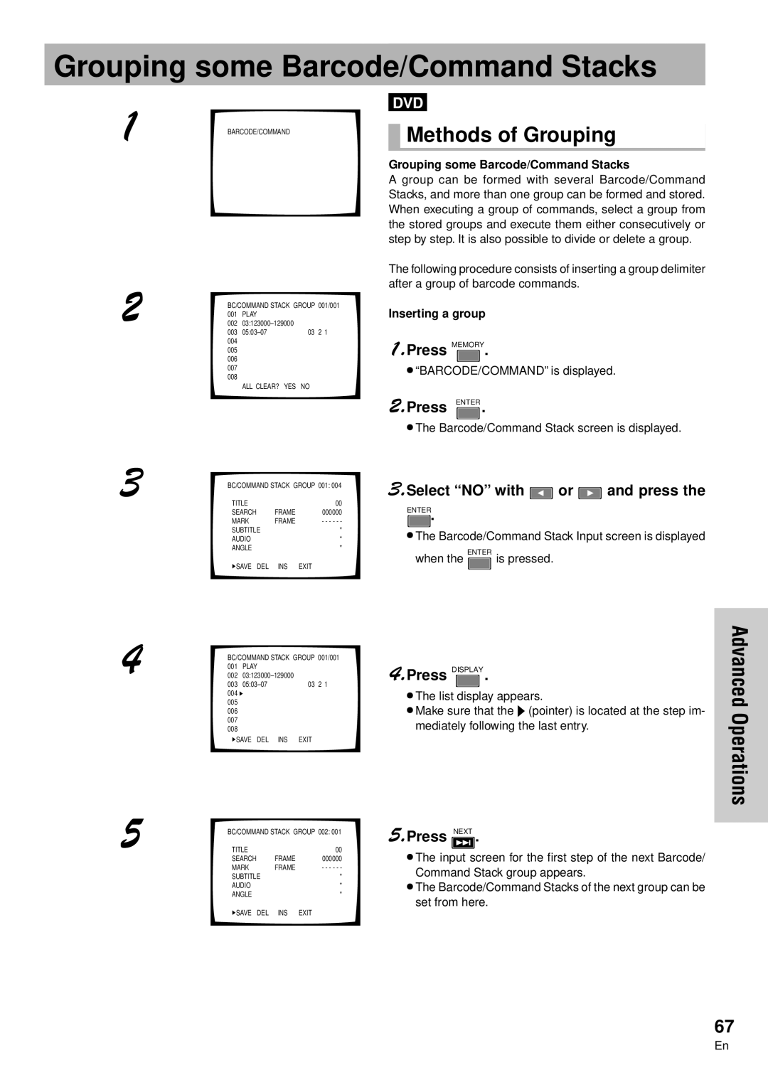 Pioneer DVD-V7300D manual Grouping some Barcode/Command Stacks, Methods of Grouping, Select no with or and press 