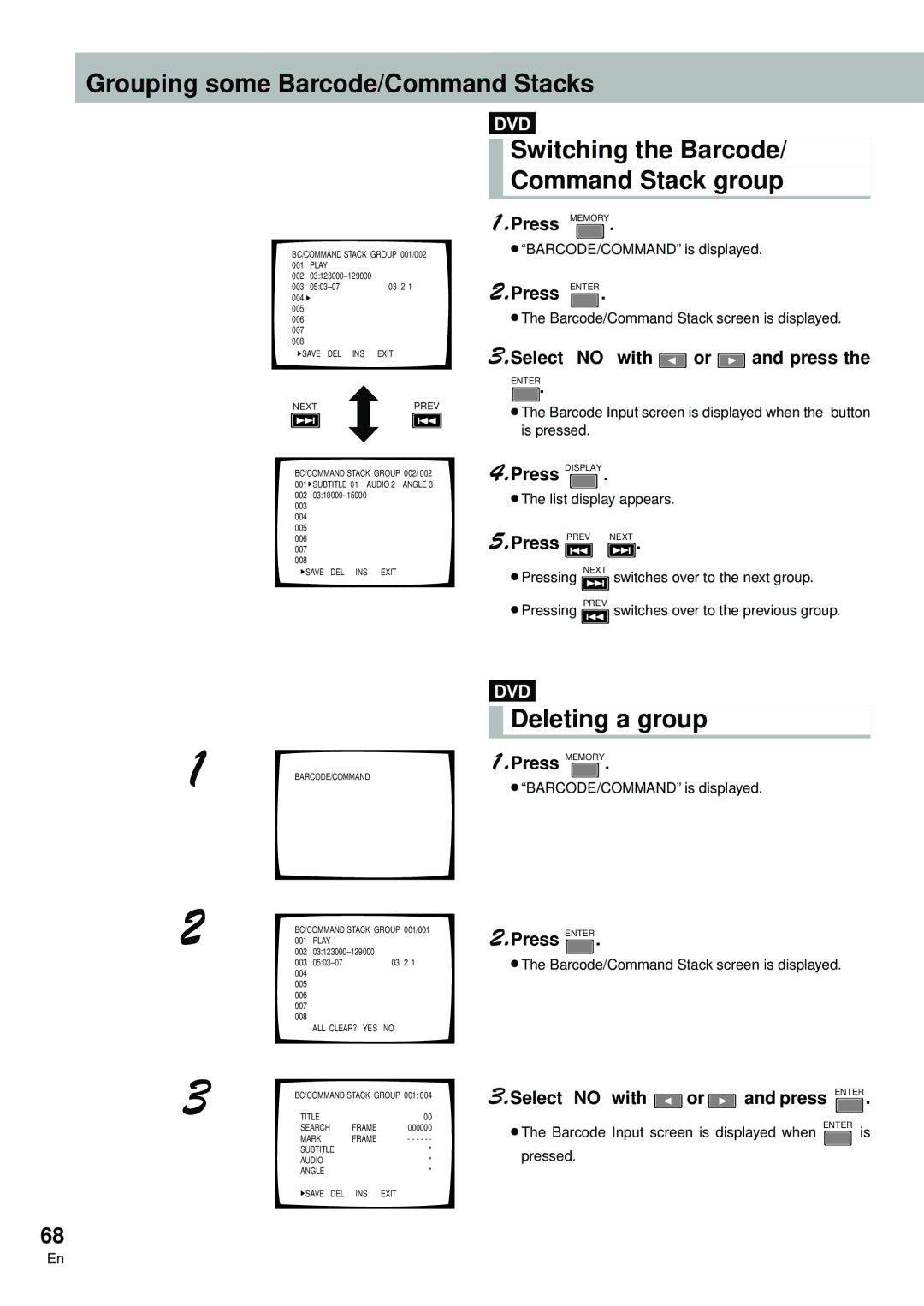Pioneer DVD-V7300D manual Grouping some Barcode/Command Stacks, Switching the Barcode Command Stack group, Deleting a group 