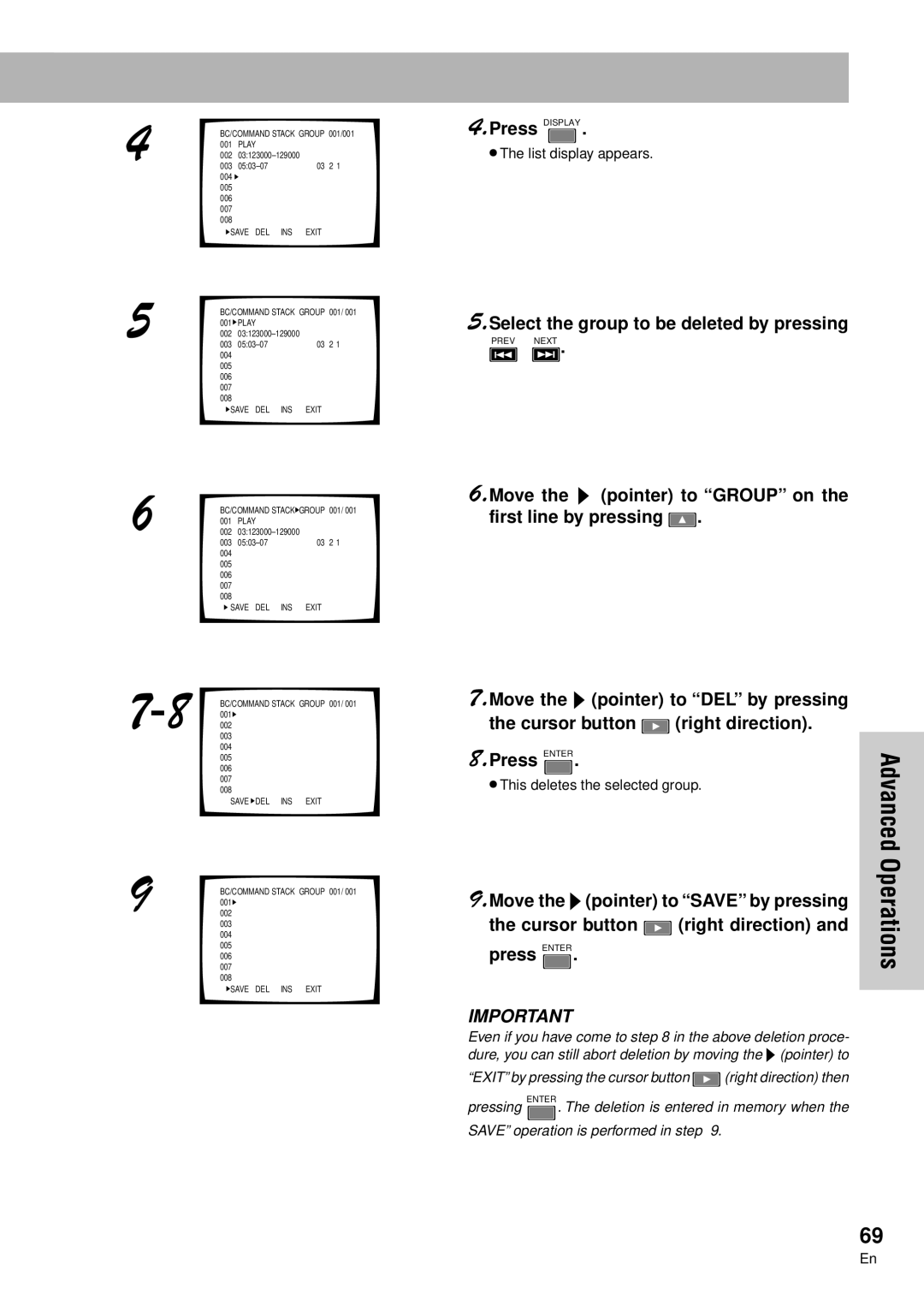 Pioneer DVD-V7300D manual Select the group to be deleted by pressing, Cursor button Right direction Press Enter 