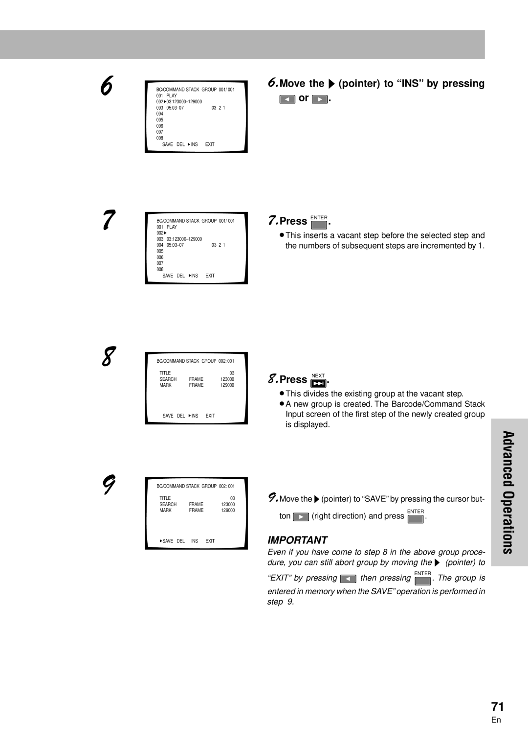 Pioneer DVD-V7300D manual Advanced, Move the ‰ pointer to INS by pressing Press Enter, Ton Right direction and press Enter 