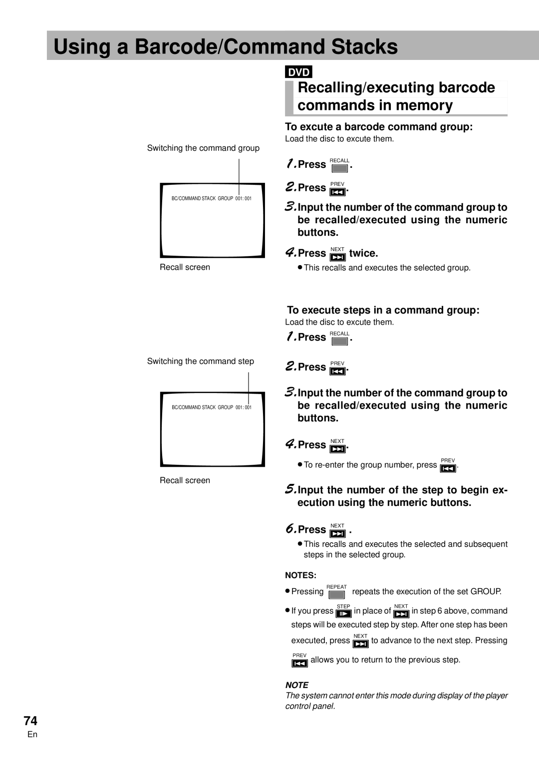 Pioneer DVD-V7300D manual Using a Barcode/Command Stacks, Recalling/executing barcode Commands in memory 