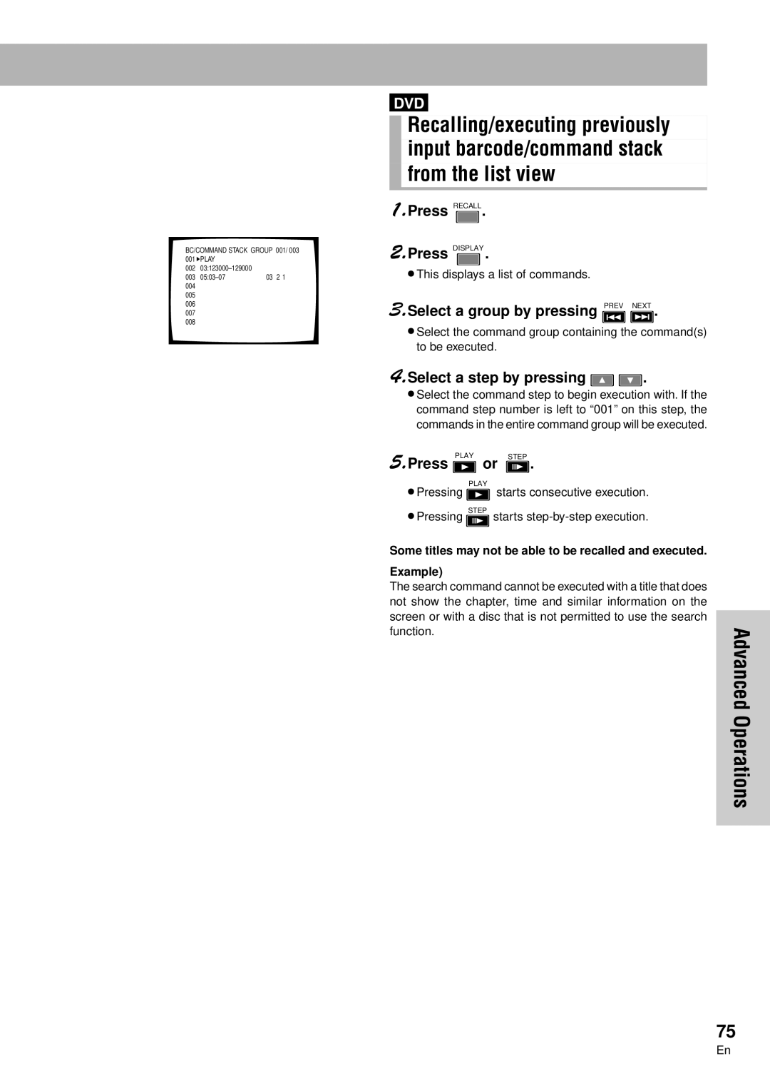 Pioneer DVD-V7300D Function. OperationsAdvanced, Press Recall, Select a group by pressing Prev Next, Press Play or Step 