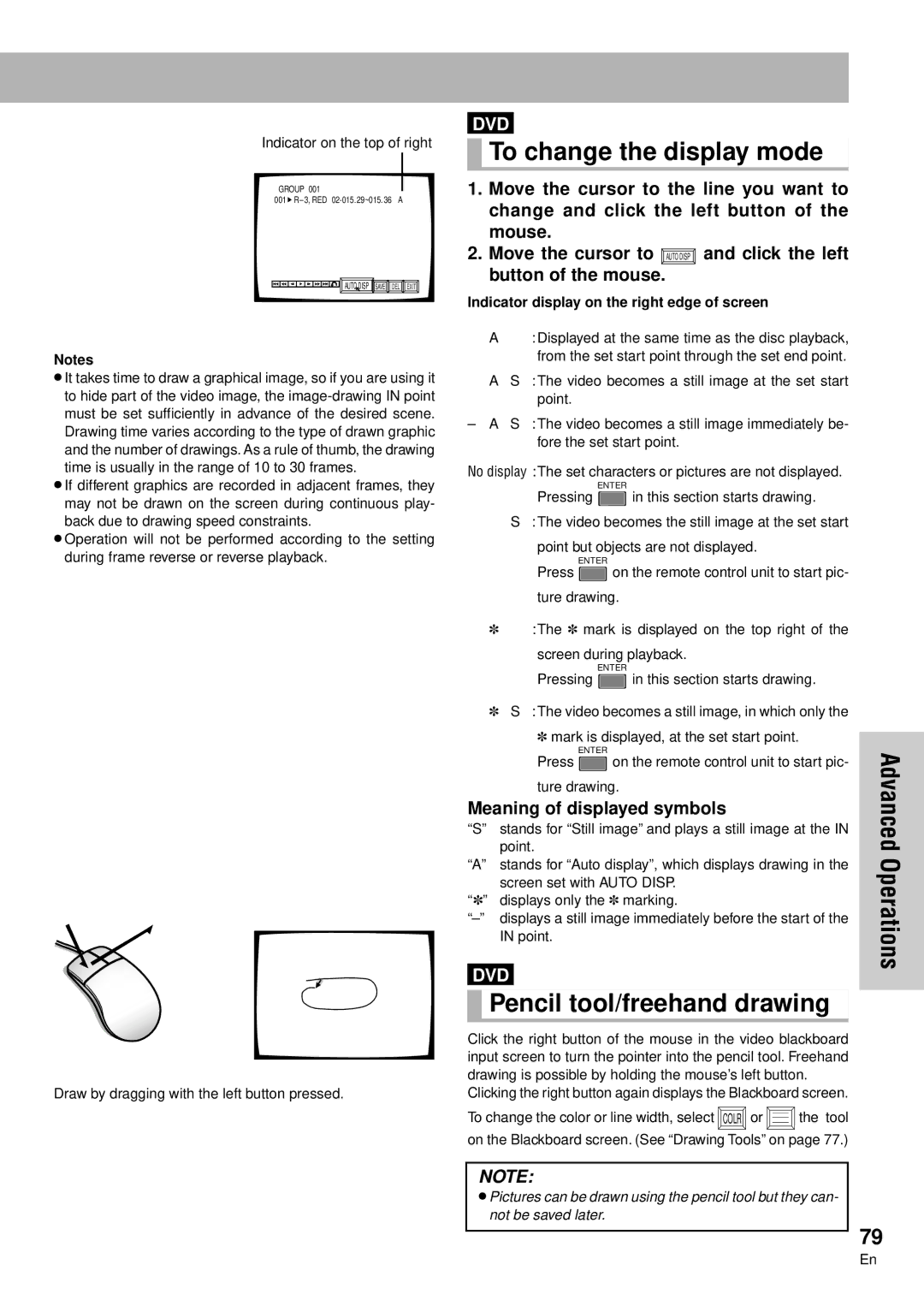 Pioneer DVD-V7300D manual To change the display mode, Pencil tool/freehand drawing, Meaning of displayed symbols 